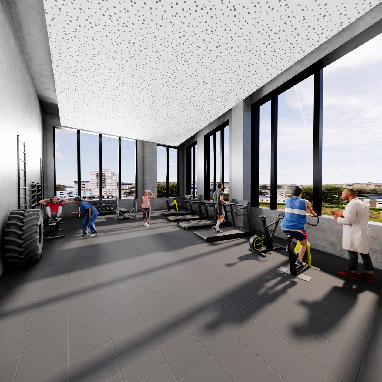 group treatment room with fitness equipment 3d interior render new york